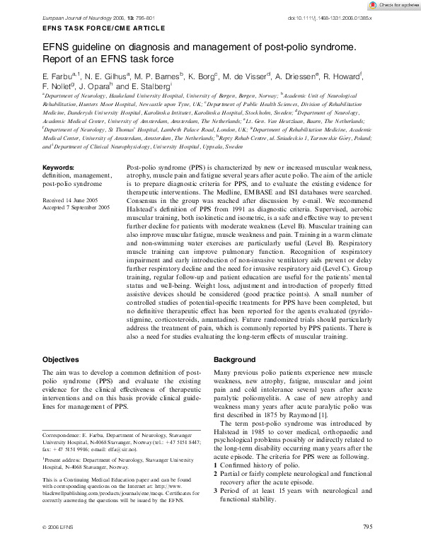 Euro J of Neurology - 2006 - Farbu - EFNS guideline on diagnosis and management of post‐polio syndrome  Report of an EFNS.pdf